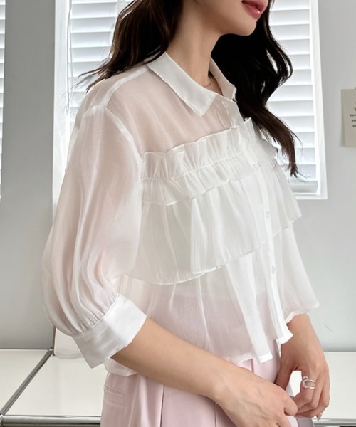 Ada.(エイダ)の「シアー フリル ブラウス(シャツ/ブラウス・レディース・ピンク/イエロー/オフホワイト/サックスブルー・FREE)」の5枚目の写真