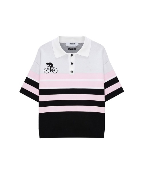 MSGM(エムエスジーエム)の「ストライプ ジャカード BIKE LIFE ポロニット(ニット/セーター・メンズ・ブラック×ピンク・M/S)」の1枚目の写真