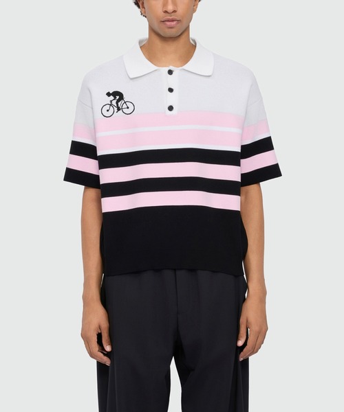 MSGM(エムエスジーエム)の「ストライプ ジャカード BIKE LIFE ポロニット(ニット/セーター・メンズ・ブラック×ピンク・M/S)」の2枚目の写真