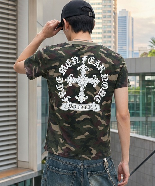 SPINNS（スピンズ）の「短丈クロスバックプリント半袖Tシャツ/ワンポイント（Tシャツ/カットソー・メンズ・ホワイト/ブラック/ブラック系その他/ウッドランド・ONESIZE）」の4枚目の写真