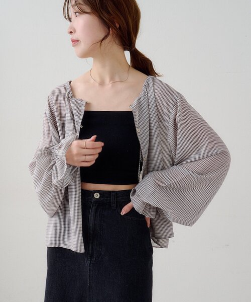 Kastane(カスタネ)の「【一部店舗限定/2WAY】B シアーチェックボウタイブラウス(シャツ/ブラウス・レディース・ブラック/アイボリー/ブルー・FREE)」の4枚目の写真