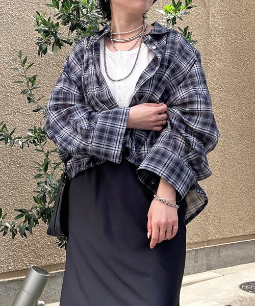 un dix cors(アンディコール)の「ショートチェックシャツ(シャツ/ブラウス・レディース・ブラック/サックスブルー・FREE)」の6枚目の写真