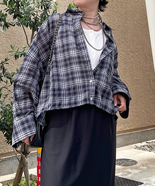 un dix cors(アンディコール)の「ショートチェックシャツ(シャツ/ブラウス・レディース・ブラック/サックスブルー・FREE)」の9枚目の写真