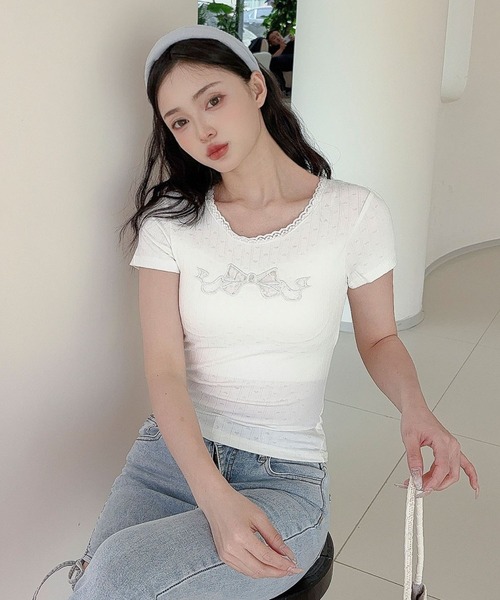 Jasmine Grandiflorum(ジャスミングランディフローラム)の「【Jasmine】カップ付き!レーススリムフィットTシャツ(Tシャツ/カットソー・レディース・ブラック/ホワイト・FREE)」の4枚目の写真