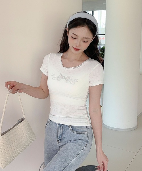 Jasmine Grandiflorum(ジャスミングランディフローラム)の「【Jasmine】カップ付き!レーススリムフィットTシャツ(Tシャツ/カットソー・レディース・ブラック/ホワイト・FREE)」の5枚目の写真