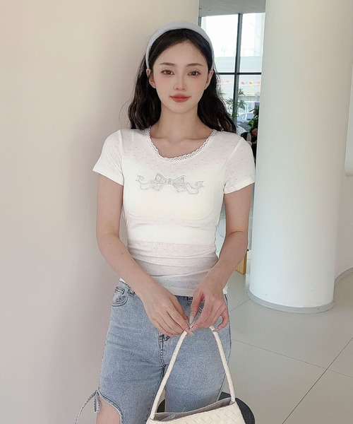 Jasmine Grandiflorum(ジャスミングランディフローラム)の「【Jasmine】カップ付き!レーススリムフィットTシャツ(Tシャツ/カットソー・レディース・ブラック/ホワイト・FREE)」の7枚目の写真