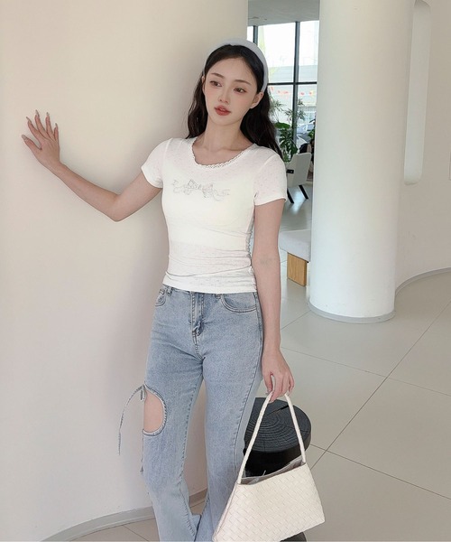 Jasmine Grandiflorum(ジャスミングランディフローラム)の「【Jasmine】カップ付き!レーススリムフィットTシャツ(Tシャツ/カットソー・レディース・ブラック/ホワイト・FREE)」の8枚目の写真