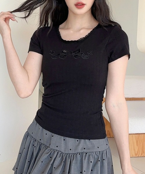 Jasmine Grandiflorum(ジャスミングランディフローラム)の「【Jasmine】カップ付き!レーススリムフィットTシャツ(Tシャツ/カットソー・レディース・ブラック/ホワイト・FREE)」の9枚目の写真