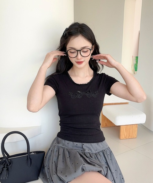 Jasmine Grandiflorum(ジャスミングランディフローラム)の「【Jasmine】カップ付き!レーススリムフィットTシャツ(Tシャツ/カットソー・レディース・ブラック/ホワイト・FREE)」の10枚目の写真