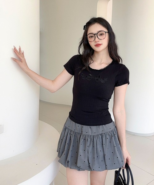 Jasmine Grandiflorum(ジャスミングランディフローラム)の「【Jasmine】カップ付き!レーススリムフィットTシャツ(Tシャツ/カットソー・レディース・ブラック/ホワイト・FREE)」の12枚目の写真