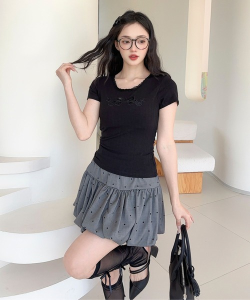 Jasmine Grandiflorum(ジャスミングランディフローラム)の「【Jasmine】カップ付き!レーススリムフィットTシャツ(Tシャツ/カットソー・レディース・ブラック/ホワイト・FREE)」の13枚目の写真
