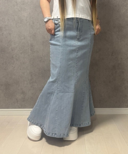 SMILE LAND(スマイルランド)の「【maryさんコラボ】ハイウエストマーメイドデニムスカート <大きいサイズ有>(スカート・レディース・ライトブルー/インディゴブルー・3L/LL/L/M)」の1枚目の写真