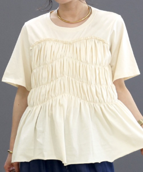 Aletta vita(アレッタビータ)の「接触冷感綿天竺フロントギャザーカットソー(Tシャツ/カットソー・レディース・ブラック/アイボリー・M)」の1枚目の写真