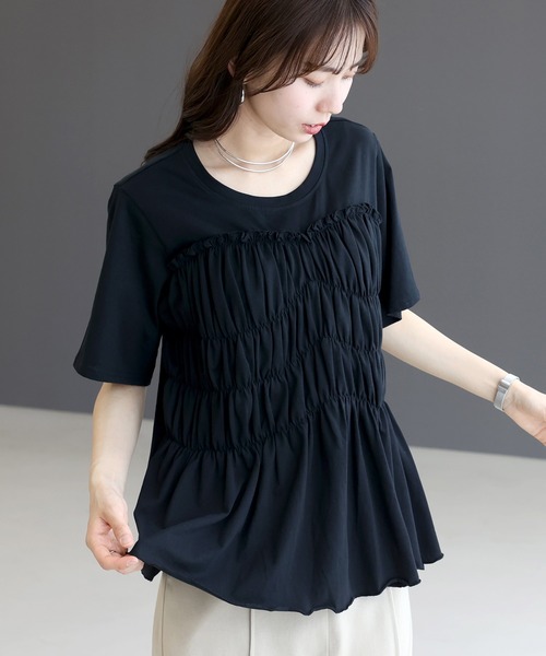 Aletta vita(アレッタビータ)の「接触冷感綿天竺フロントギャザーカットソー(Tシャツ/カットソー・レディース・ブラック/アイボリー・M)」の12枚目の写真