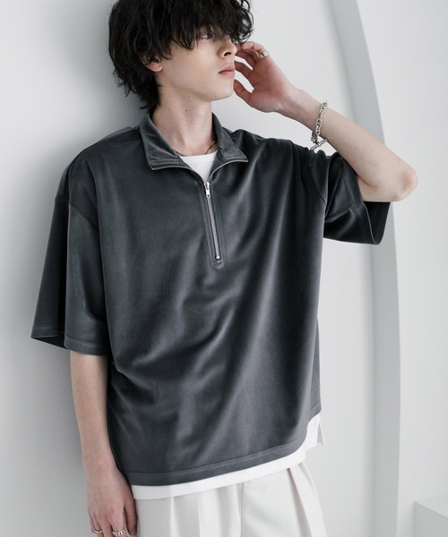 Rocky Monroe(ロッキーモンロー)の「オーバーサイズフェイクスエードハーフジップ半袖プルオーバー(Tシャツ/カットソー・メンズ・ベージュ/チャコール/ブルー/オフホワイト/ブラック・M/L/XL)」の4枚目の写真