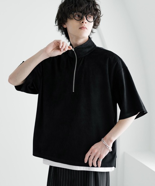 Rocky Monroe(ロッキーモンロー)の「オーバーサイズフェイクスエードハーフジップ半袖プルオーバー(Tシャツ/カットソー・メンズ・ベージュ/チャコール/ブルー/オフホワイト/ブラック・M/L/XL)」の3枚目の写真
