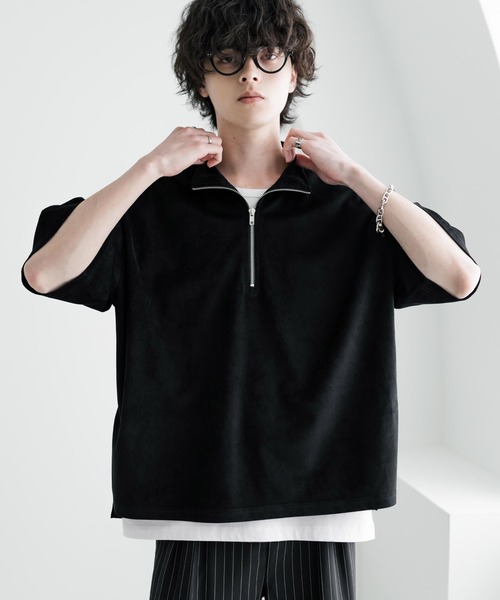 Rocky Monroe(ロッキーモンロー)の「オーバーサイズフェイクスエードハーフジップ半袖プルオーバー(Tシャツ/カットソー・メンズ・ベージュ/チャコール/ブルー/オフホワイト/ブラック・M/L/XL)」の7枚目の写真