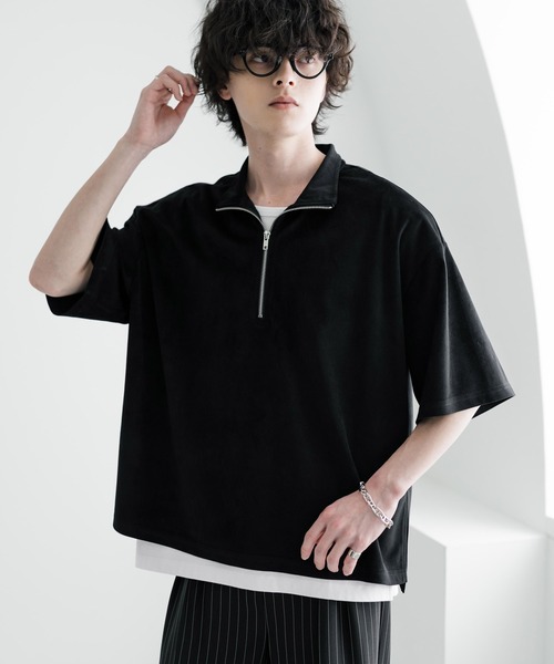 Rocky Monroe(ロッキーモンロー)の「オーバーサイズフェイクスエードハーフジップ半袖プルオーバー(Tシャツ/カットソー・メンズ・ベージュ/チャコール/ブルー/オフホワイト/ブラック・M/L/XL)」の9枚目の写真
