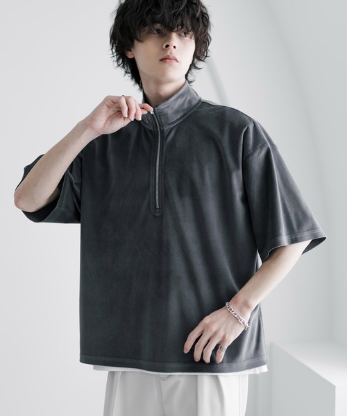 Rocky Monroe(ロッキーモンロー)の「オーバーサイズフェイクスエードハーフジップ半袖プルオーバー(Tシャツ/カットソー・メンズ・ベージュ/チャコール/ブルー/オフホワイト/ブラック・M/L/XL)」の13枚目の写真