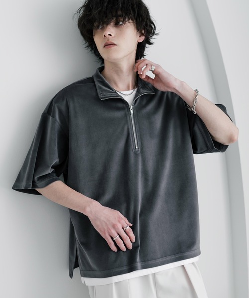 Rocky Monroe(ロッキーモンロー)の「オーバーサイズフェイクスエードハーフジップ半袖プルオーバー(Tシャツ/カットソー・メンズ・ベージュ/チャコール/ブルー/オフホワイト/ブラック・M/L/XL)」の14枚目の写真