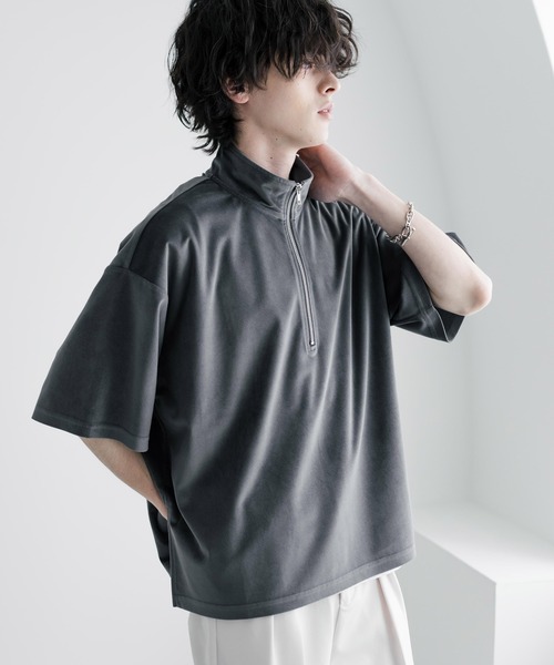 Rocky Monroe(ロッキーモンロー)の「オーバーサイズフェイクスエードハーフジップ半袖プルオーバー(Tシャツ/カットソー・メンズ・ベージュ/チャコール/ブルー/オフホワイト/ブラック・M/L/XL)」の15枚目の写真