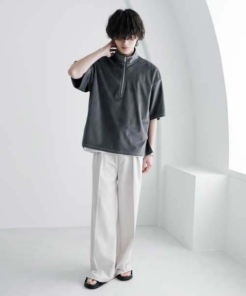Rocky Monroe(ロッキーモンロー)の「オーバーサイズフェイクスエードハーフジップ半袖プルオーバー(Tシャツ/カットソー・メンズ・ベージュ/チャコール/ブルー/オフホワイト/ブラック・M/L/XL)」の16枚目の写真