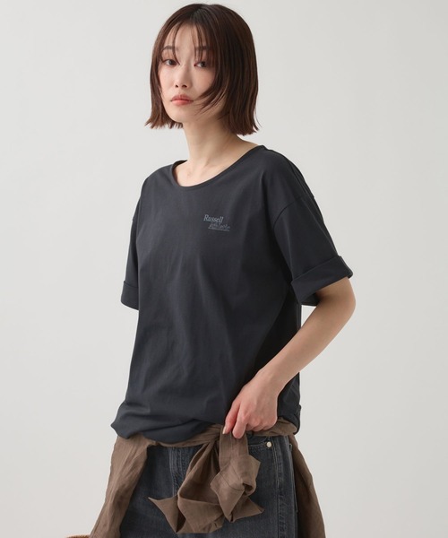 Russell Athletic(ラッセルアスレティック)の「【RUSSELL ATHLETIC】<別注>ドロストTEE(Tシャツ/カットソー・レディース・ホワイト/チャコール・フリー)」の2枚目の写真
