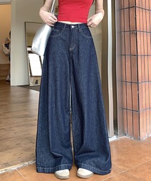ハイウエストワイドデニムパンツ レディース フルレングス ストレートシルエット