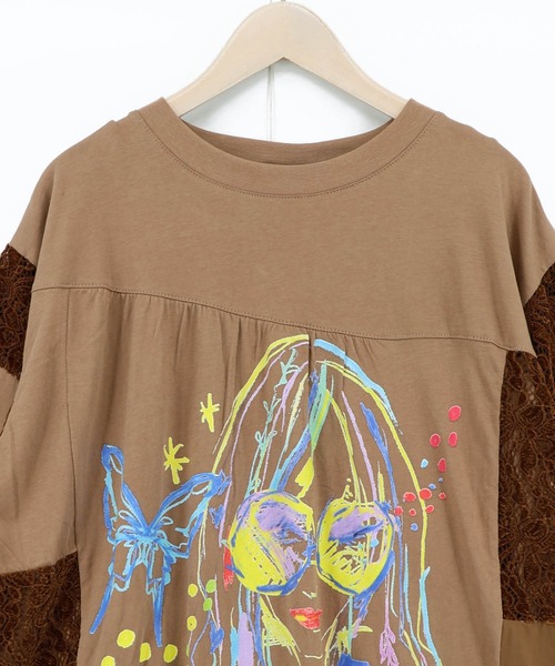 ScoLar（スカラー）の「162704：パステル調サングラスガール柄 異素材切替プルオーバー（Tシャツ/カットソー・レディース・ブラウン/ブラック/オフホワイト・M）」の6枚目の写真