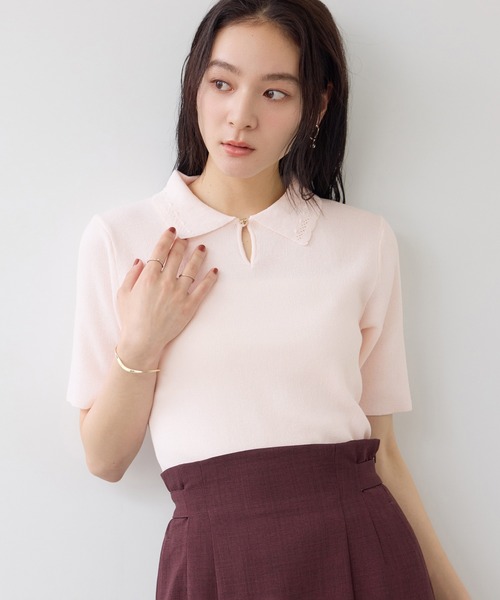 VIS(ビス)の「襟レース編ハーフスリーブニット(ニット/セーター・レディース・ホワイト系その他/チャコールグレー/サックスブルー/ピンク・FREE)」の4枚目の写真