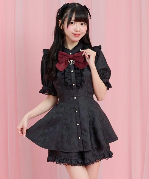 Secret Honey(シークレットハニー)の「ジャガードアクセサリーリボンレースフリル半袖セットアップ(セットアップ・レディース・ブラック・MEDIUM)」の1枚目の写真