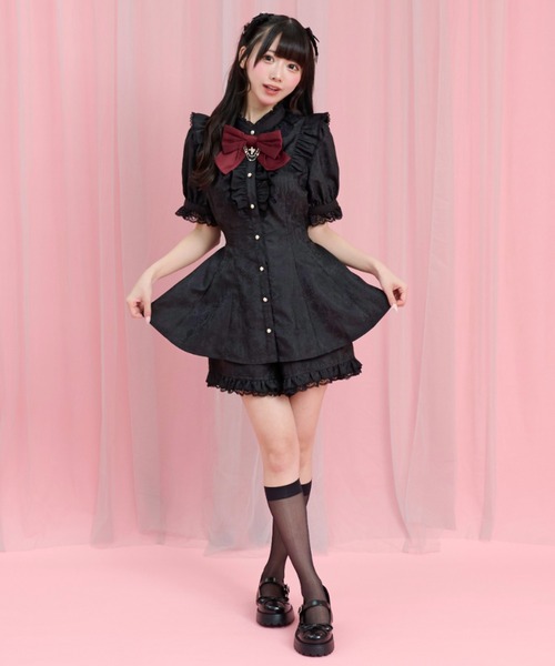 Secret Honey(シークレットハニー)の「ジャガードアクセサリーリボンレースフリル半袖セットアップ(セットアップ・レディース・ブラック・MEDIUM)」の2枚目の写真