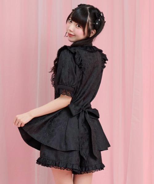 Secret Honey(シークレットハニー)の「ジャガードアクセサリーリボンレースフリル半袖セットアップ(セットアップ・レディース・ブラック・MEDIUM)」の3枚目の写真