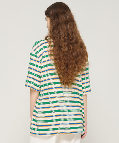 CARGOBROS FOR WOMAN(カーゴブロスフォーウィメン)の「ストライプダンガリー半袖Tシャツ(グリーン)(Tシャツ/カットソー・レディース・その他・FREE)」の2枚目の写真