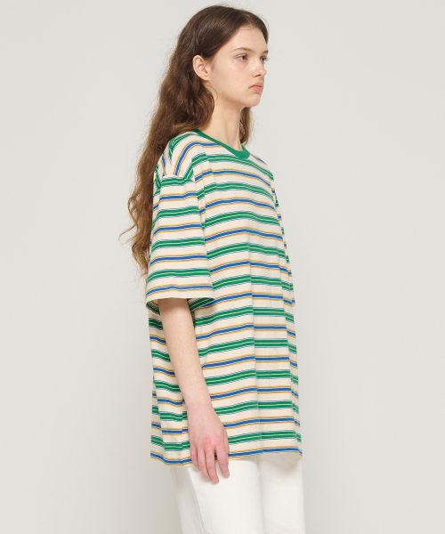 CARGOBROS FOR WOMAN(カーゴブロスフォーウィメン)の「ストライプダンガリー半袖Tシャツ(グリーン)(Tシャツ/カットソー・レディース・その他・FREE)」の3枚目の写真