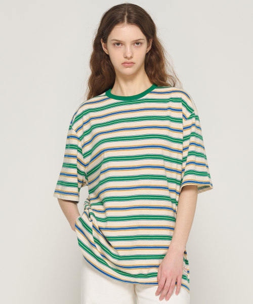 CARGOBROS FOR WOMAN(カーゴブロスフォーウィメン)の「ストライプダンガリー半袖Tシャツ(グリーン)(Tシャツ/カットソー・レディース・その他・FREE)」の4枚目の写真
