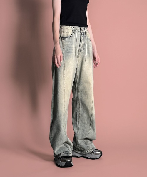 MAISON SELECT(メゾンセレクト)の「7E4 ウエストコード センターパネルワイドデニムパンツ(デニムパンツ・レディース・ライトブルー/ブラック/ブルー・L/M/S)」の7枚目の写真