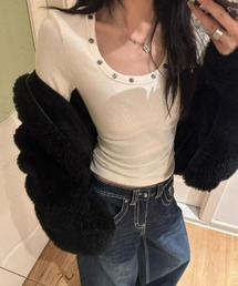 ネックスタッズ Uネック リブ長袖カットソー トップス