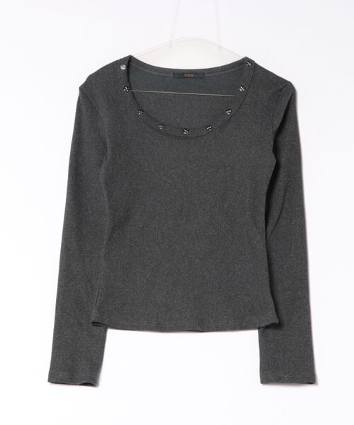 Ritzy(リッツィー)の「ネックスタッズ Uネック リブ長袖カットソー トップス(Tシャツ/カットソー・レディース・ホワイト/ブラック/グレー・M/L)」の9枚目の写真