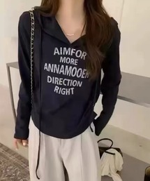 【秋冬新作】ロゴプリントVネックフード付きロングTシャツ