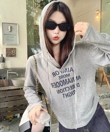 【秋冬新作】ロゴプリントVネックフード付きロングTシャツ