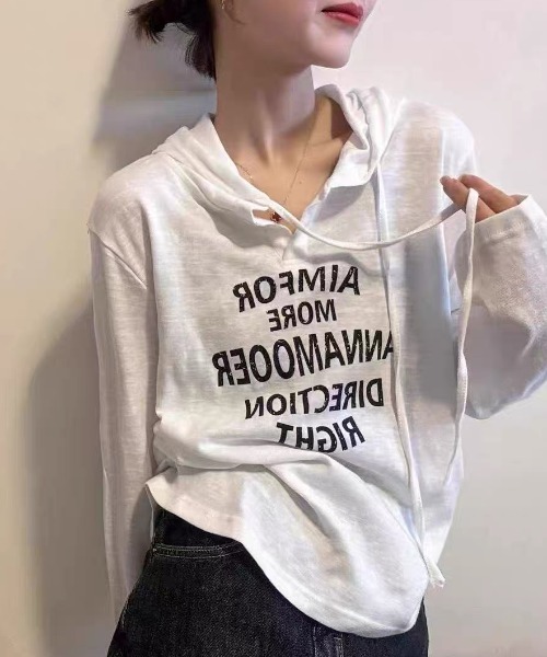 DIAVEL（ディアベル）の「【秋冬新作】ロゴプリントVネックフード付きロングTシャツ（Tシャツ/カットソー・レディース・グレー/ネイビー/ホワイト・M）」の16枚目の写真