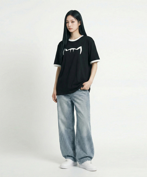KIKIMIMI(キキミミ)の「リンガーキティビッグロゴTシャツ(ブラック)(Tシャツ/カットソー・レディース・ブラック・SMALL/MEDIUM/LARGE)」の3枚目の写真