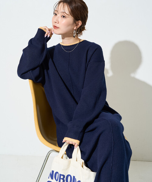 FREAK'S STORE（フリークスストア）の「限定展開　配色 レイヤード ニット ワンピース（ワンピース・レディース・ナチュラル/ネイビー/ブラウン/グレー/ブラック・ﾌﾘ-）」の5枚目の写真