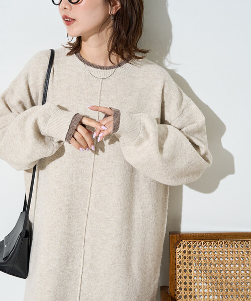 FREAK'S STORE（フリークスストア）の「限定展開　配色 レイヤード ニット ワンピース（ワンピース・レディース・ナチュラル/ネイビー/ブラウン/グレー/ブラック・ﾌﾘ-）」の10枚目の写真