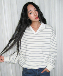 AMESWORLDWIDE | V NECK COLLAR STRIPE SWEATSHIRT IVORY(スウェット)