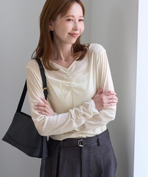 フロントギャザーVネックシアーフロッキートップス