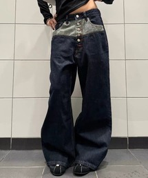 26aw ユニセックス/ヴィンテージライク配色切替ボタンフライワイドデニムパンツ