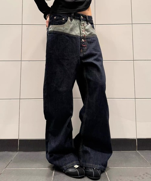 AsRiRe(アスリレイ)の「26aw ユニセックス/ヴィンテージライク配色切替ボタンフライワイドデニムパンツ(デニムパンツ・レディース・ブルー・L/M/S)」の3枚目の写真
