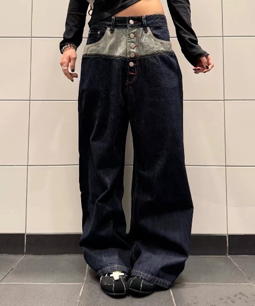 AsRiRe(アスリレイ)の「26aw ユニセックス/ヴィンテージライク配色切替ボタンフライワイドデニムパンツ(デニムパンツ・レディース・ブルー・L/M/S)」の4枚目の写真